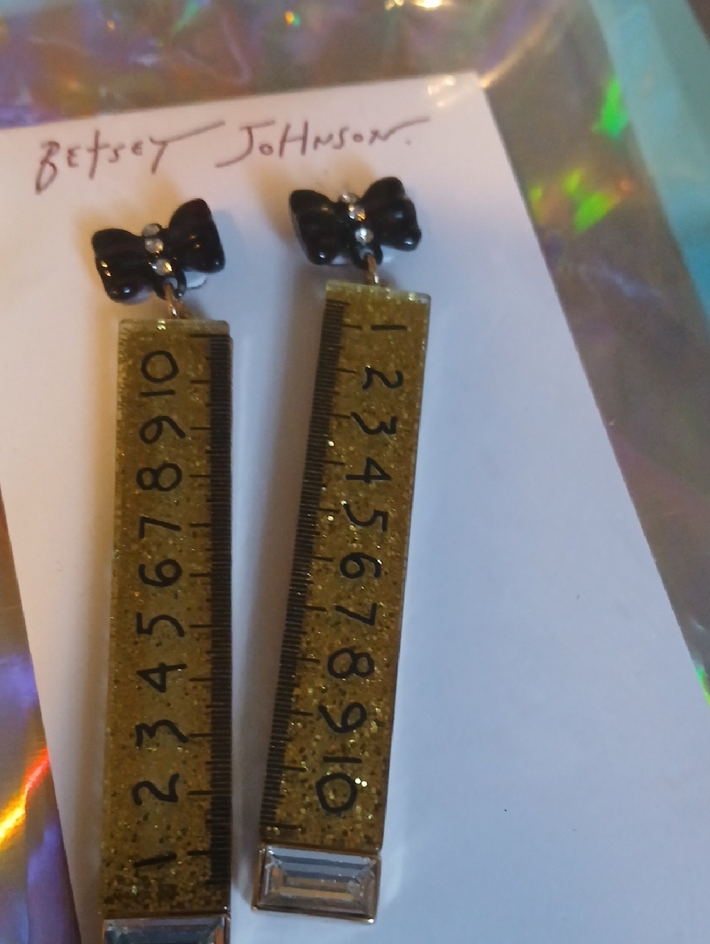 Betsey Johnson Glittery Gold Ruler Earrings with Black Bows